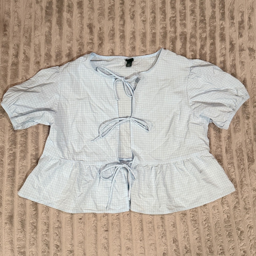 Wild Fable Blue Gingham Tie Front Peplum Puff Sleeve Top Womens Medium - Picture 2 of 6